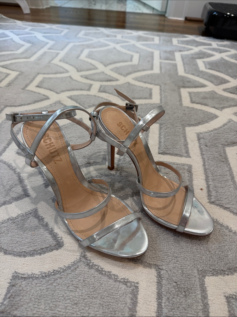 SCHUTZ Silver Metallic Strappy Stiletto Sandals